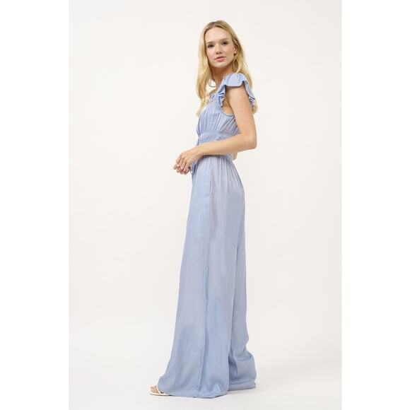And The Why Ruched Multi Strings Details Square Neck Wide Leg Jumpsuit | Blue - Picture 4 of 8